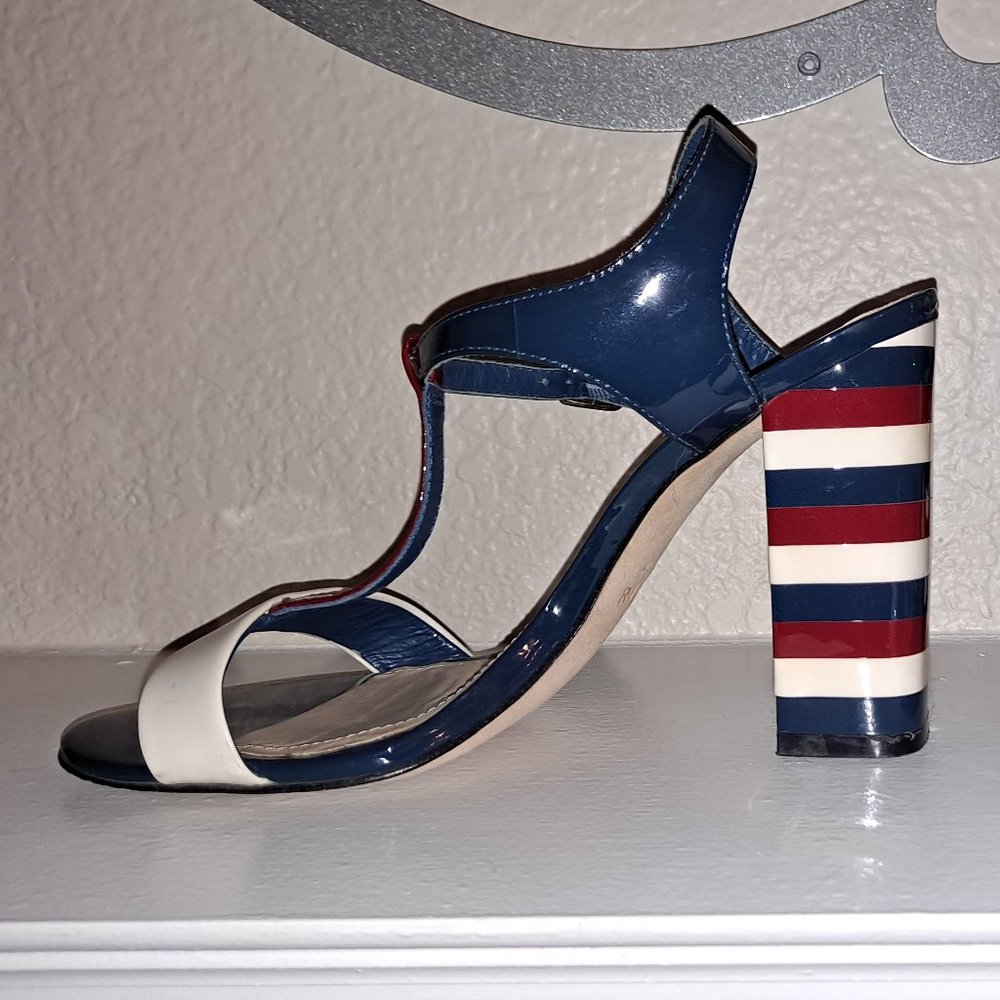 Aldo Retro Red, White and Blue Block Heels,  Genuine Leather